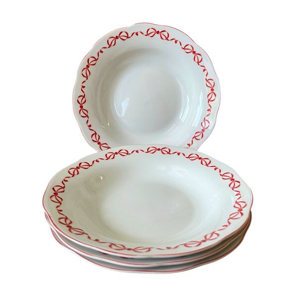 Red Bow Border Ceramic 9in Dinner Bowls Set of 4 Eaton Fine Dining Holiday New - Picture 2 of 16